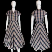 1940s Grey, Blue & Peach Plaid Cotton Day Dress – Size S