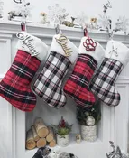 19" Red/Black/White Plaid Christmas Stockings with Sherpa Cuff Modern Farmhouse Personalized Stockings Family Xmas Tartan Wood Name Tag