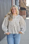 Floral Peplum Top w/Shirring & Bow Tie