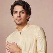 Biscuit Plain Cotton Kurta Pajama With Embroidered Collar