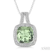 10x10 MM Cushion Shape Green Amethyst and 1/20 Ctw Round Cut Diamond Pendant in Sterling Silver with Chain