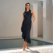 <p>Asymmetric Fringe Midi Dress</p>