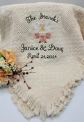 Personalized cream wedding blanket, monogram, doves and roses