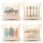 Inspirational Quote Throw Pillow Case Cushion Cover Decorative Cotton Linen 18" x 18" Set of 4(Adventure Awaits,Dream Explore Discover, Ethnic Arrows, Feathers)