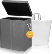 100L Laundry Hamper with Lid and Handle, Collapsible Laundry Basket Organizer with Removable Inner Bag for Clothes Toys Towels (grey)