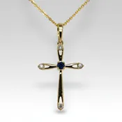 Blue Sapphire & Diamond Yellow Gold Cross Pendant with Adjustable Rolo Chain