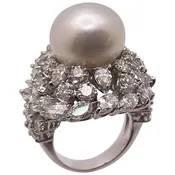 18K White Gold 8.50 CT Diamond South Sea Pearl Ballerina Cocktail Ring