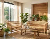 100% Handwoven Natural Rattan 2-Piece Indoor Seating Set with Loveseat and 3-Seater Settee, Solid Wood Frame, Boho Farmhouse, Authentic African Craftsmanship
