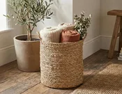 100% Handwoven Natural Rattan Approximately 11-12" Round Rustic Weave Basket with Handles, Boho Farmhouse Decorative Laundry & Storage Organizer, Handcrafted – Authentic African Craftsmanship