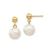 14k 8-8.5mm White Round Freshwater Cultured Pearl Post Dangle Earrings