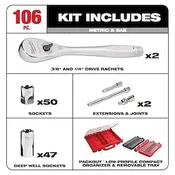 106pc 1/4" and 3/8" Metric & SAE Ratchet and Socket Set with PACKOUT Low-Profile Organizer