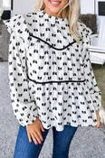 Bow Print Piping Trim Ruffled Crew Neck Blouse