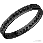3 mm wide/Flat/Zirconium band with an Eternity arrangement of .03 carat Round Black Diamond stones in a Bead setting.