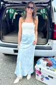 All Day Affair Light Blue & White Polka Dot Satin Skirt