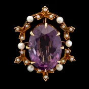 Antique 15 Carat Amethyst & Pearl Brooch in 14K