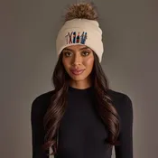 Beige Ski Embroidered Pom Hat