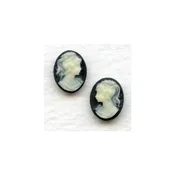 Cameos Girl in a Ponytail 10x8mm Ivory on Jet (6 sets) - Vintage Jewelry Supplies