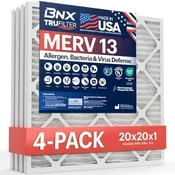 BNX TruFilter 20x20x1 MERV 13 (4-Pack) AC Furnace Air Filter – MADE IN USA – Electrostatic Pleated Air Conditioner HVAC AC Furnace Filters – Removes Pollen, Mold, Bacteria, Smoke –