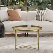 Antique Brass-Finish Etched Floral Tray-Top Accent Table