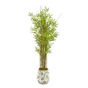 Bamboo Plant In Floral Print Planter | Island Decor | Artificial Flowers
