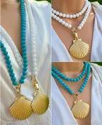 18k gold plated 36in long natural stones and shell pendant necklaces