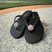 Black Polka Dot Baseball Rhinestone Flip Flops for Ladies & Girls Sports Sandals - Customizable