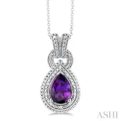 10X7 MM Pear Cut Amethyst and 1/20 Ctw Round Cut Diamond Semi-Precious Pendant With Chain in Sterling Silver