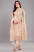 Beige Art Silk Floral Embroidered Straight Cut Suit