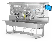 30″ D x 120″ W x 37″ H Triple Basin Processing Pipe Model Sink