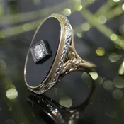 10K Two Tone Gold Elongated Oval Black Onyx & Diamond Ring
