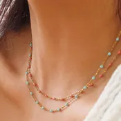 18K Gold Non-Tarnish Beaded Petite Chain Necklace: Blue