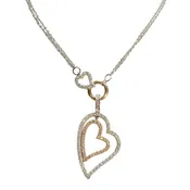 14K Rose & White Gold Double Chain Two Heart Diamond Necklace