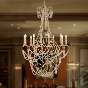 10-Light Traditional Beaded Candle Chandelier Wash Wood Finish with Blue Crystal ,E12 Base - 34“D x 50”H