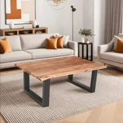 45 Zoll Akazien-Bauernhaus-Couchtisch, mit Baumkanten, Metall-Schlittenuntergestell, Braun und Schwarz
