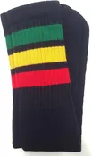 Kids Black tube socks with Green-Gold-Red stripes style 1