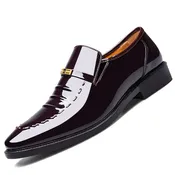Men's Brown Patent Slip-On Loafers with Metal Buckle Detail