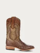A4008 - MEN'S BROWN EMBROIDERY WITH WOVEN DETAIL AND OVERLAY FULL QUILL OSTRICH SQUARE TOE COWBOY BOOT
