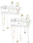 Mymazn 2 Pack Acrylic Necklace Holder with Shelf, 12 Diamond Shape Hooks and Removable Bracelet Rod, Wall Mounted Jewelry Organizer Hanging Jewelry Rack Clear Jewelry Hangers for Necklace, Bracelet