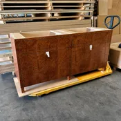 Custom Double Vanity — Redwood Burl Veneer with Dovetail Drawer Boxes