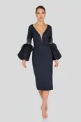 1912C9643 Puff Sleeve Midi Cocktail Dress
