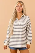 Almond Striped Polo Style Relaxed Long Sleeve Top