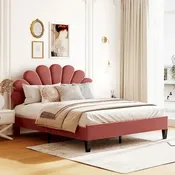 Bean Paste Red Velvet Queen Size Platform Bed with Flower Pattern Headboard, For 2