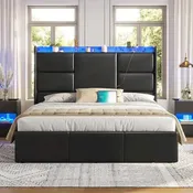 Black PU Leather Platform Bed with LED & USB Charging – Queen / King, 1-2 Person