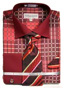 DE Mens French Cuff Dress Shirt Burgundy Unique Pattern Tie Set DS3785P2