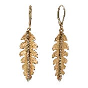 14K Yellow Gold Diamond Feather Dangle Earrings