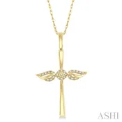 1/10 Ctw Angel Wing Round Cut Diamond Cross Petite Pendant With Chain in 10K Yellow Gold