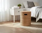 100% Handwoven Natural Rattan Approximately 16-18" Round Basket with Lid & Handles, Boho Farmhouse Decorative Laundry & Storage Organizer, Handcrafted – Authentic African Craftsmanship