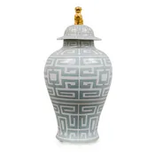 24" HANDPAINTED PORCELAIN JAR GREY KEY AND GOLD LION MOUNTED LID