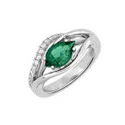 14k White Gold Chatham Created 10x6 Flame Cut Emerald 1.10 carat &amp;amp; Diamond .20 Total Weight Ring