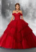 Beaded Lace Appliqués on a Lace-Edged, Tiered Tulle Ballgown with Detachable Sleeves